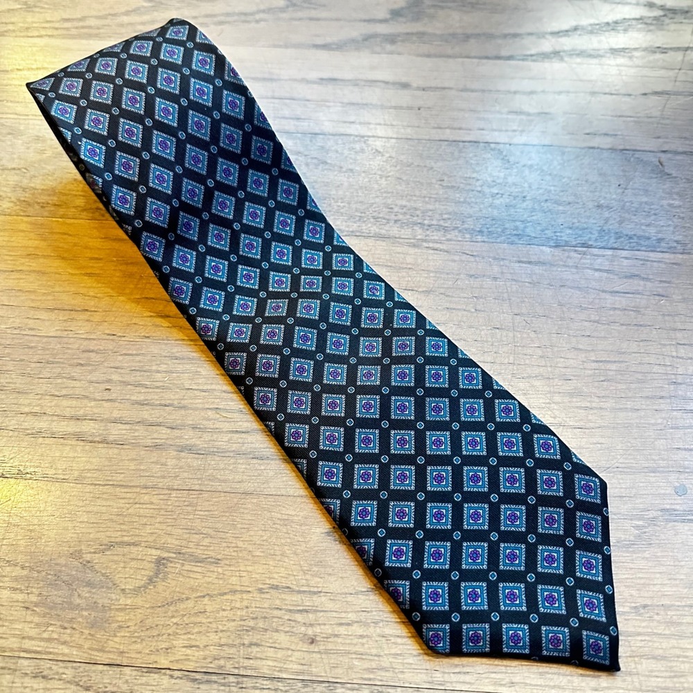 Vintage Bullock & Jones Silk Necktie Geometric Print‎ Hand Made in Spain